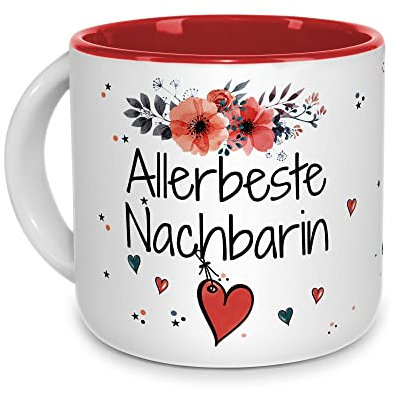 Tasse mit Spruch für die allerbeste Nachbarin - Geschenk für Nachbarin, Geburtstagsgeschenk, Familie | Hochwertige Keramik - Innen Rot, 400ml