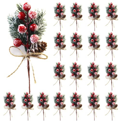 HanOBC 20 Stück rote Beerenstiele 15 cm künstliche Kiefernspieße Zweige Weihnachten Blumenplektren und Sprays Urlaub Winter Blumenplektren für Girlande, Kranz, Weihnachtsdekoration