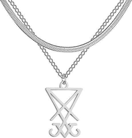 EUEAVAN Sigil of Lucifer Anhänger Halskette Edelstahl Satanisches Symbol Anhänger Halskette Siegel des Satans Luzifer Anhänger Pagan Wiccan Schmuck Religiöse Halskette (Silber)