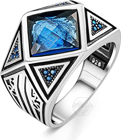Herrenring aus 925er Sterlingsilber, authentischer türkischer blauer simulierter Saphirstein, Metall, Erstellter Blauer Saphir
