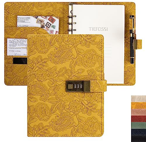 Vintage 6 Ringe Binder Journal Notizbuch mit Schloss, A5 Hardcover Blume geheimes Passwort Tagebuch, nachfüllbares liniertes Schreibpapier für Frauen (Gelb)