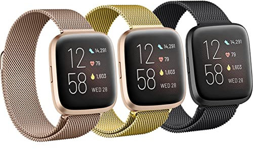 Armband für Fitbit Versa 4/3/Sense/Sense 2 Damen/Herren, magnetisches Armband für Fitbit Versa 2/Versa/Versa LiteSmartwatch, 3 Stück, Milanaise-Ersatzarmband aus Edelstahl