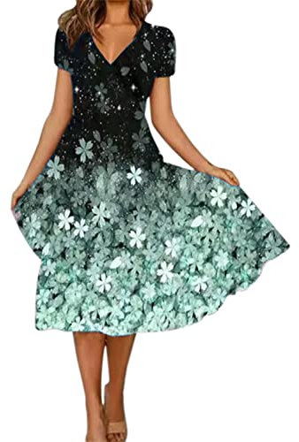 Sommerkleider Damen Kurzarm Lässig V-Ausschnitt Blumendruck A-Linie Kleid Midikleid Partykleid Freizeitkleid Strandkleider (A Grün, M)