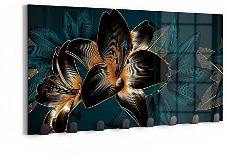DEQORI Wandgarderobe Glas & Metall | Motiv Hochwertige Liliengrafik | 60x30 cm | Design Haken-Leiste modern | Garderoben-Paneel für Flur, Wohnzimmer & Schlafzimmer | magnetisch & beschreibbar