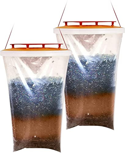 Redtop Lot de 2 pièges à mouches transparents à suspendre non toxiques jetables avec appât anti-mouches pour jardin, ferme, enclos à cheval et tue jusqu'à 20 000 mouches