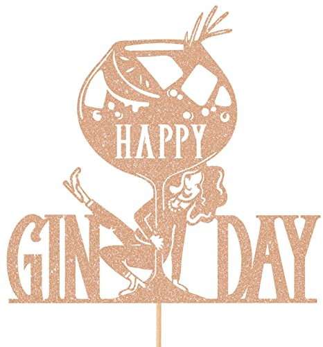 Funny Happy Gin Day Birthday/Hen Do Glitter Topper by Cakeshop | Custom Colour Dancing Gin Lover Alcohol Cake Decoration for Her 18th 19th 20th 21st 30th 40th 50th 60th 70th 80th 90th Rose Gold