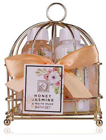 Accentra - Set de douche cadeau pour femmes HONEY JASMINE dans corbeille métallique - Kit soins 3 pcs avec gel douche, lotion et éponge de bain - Cadeaux bien-être pour l'anniversaire, Saint Valentin