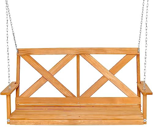 SFAREST 2-Person Outdoor Swing Chair, Solid Wood Swing Bench with Adjustable Chains, Heavy-Duty Hanging Loveseat for Porch Garden Tree