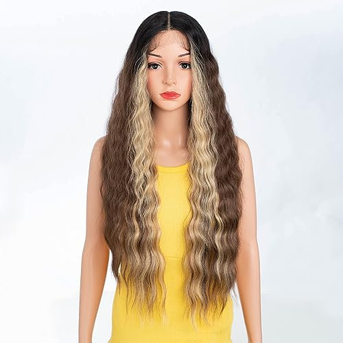 DÉBUT Lace Front Perücke 75 cm Wasserwelle Super Lang 5% Brasilianisches Reines Echthaar 95% Hitzebeständige Synthetische Mischung 240g 12 cm Spitzenscheitel (75 cm,TTOL4/30S/26J)