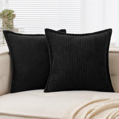 EMEMA Kordsamt Kissenbezug Weiche Kissenhülle Dekorative Sofakissen 40x40 cm 2er Set Dekokissen Moderne Zierkissenbezug Gestreifte Kissenbezüge für Wohnzimmer Schlafzimmer Schwarz