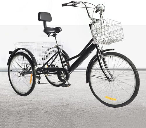 VonVVer 24 Zoll Dreiräder Erwachsene mit 2 Korb - 7 Gang Dreirad für Erwachsene120KG Last Höhenverstellbar 3 Räder Fahrrad Cityräder Cruise Einkaufsrad für Senioren Frauen Ältere(Schwarz)