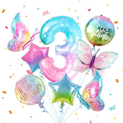 3 Schmetterling Geburtstag Deko Mädchen,8pcs Bunt Schmetterlinge Folienballon 3,Zahlen Luftballon 3 Jahre Geburtstagsdeko für 3. Geburtstag Mädchen Deko