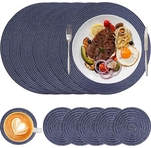 HNVNER 12er Set Tischset Rund Platzset Abwaschbar, 32cm Gewebte Platzdeckchen Hitzebeständig mit Untersetzer, für Küche, Weihnachten, Party, Hochzeit, Navy Blau