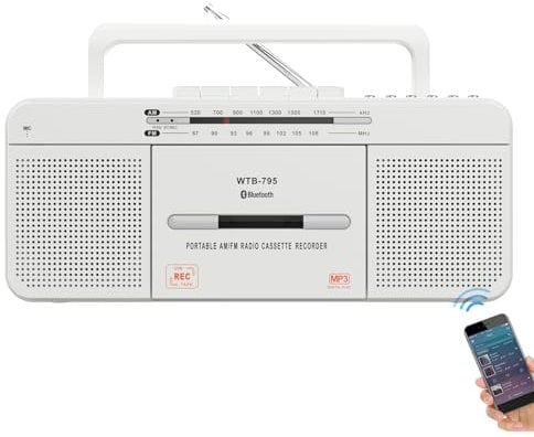 WTB-795 Retro Kassettenspieler mit USB/Bluetooth/AM/FM-Radio-Stereo, integriertem Mikrofonrecorder, Kassetten-zu-MP3-Konverter, Großer Lautsprecher, Kopfhöreranschluss, Zwei 3” Lautsprecher, Tragbar