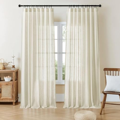 Joydeco Leinen-Vorhänge für Wohnzimmer, halbtransparente Vorhänge, 244 cm lang, Wohnzimmervorhänge, 2 Paneel-Sets, weiße Vorhänge, Plissee-Vorhänge und Vorhänge (B 132 x L 244 cm, gebrochenes Weiß)