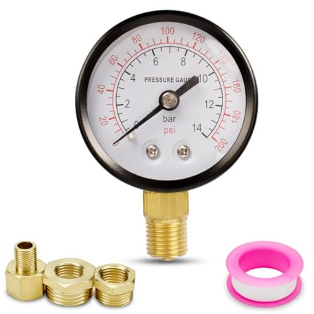 Innfeeltech 1 manómetro de bomba de pozo de 50 mm BSP 1/4 0-14 Bar 0 a 200 psi, con 2 casquillos y 1 Junta reductora hexagonal, una cinta de politetrafluoroen, radial