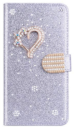 BLOTECH Hülle für Samsung Galaxy S8,Leder Brieftasche Glitzer Schutzhülle Glänzende Bling 3D Schnalle & Liebe Etui Schale Kartenfächer Magnet HandyCase für Samsung Galaxy S8,Silbrig