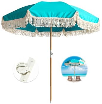 ELZEM 180cm Parasol De Jardin Bleu Avec Frange Parasol De Plage Anti Uv 50+ Portable Parasol Balcon Avec 8 Côtes Parasol Inclinable Avec Sac De Transport Pour Jardin Terrasse Piscine Patio