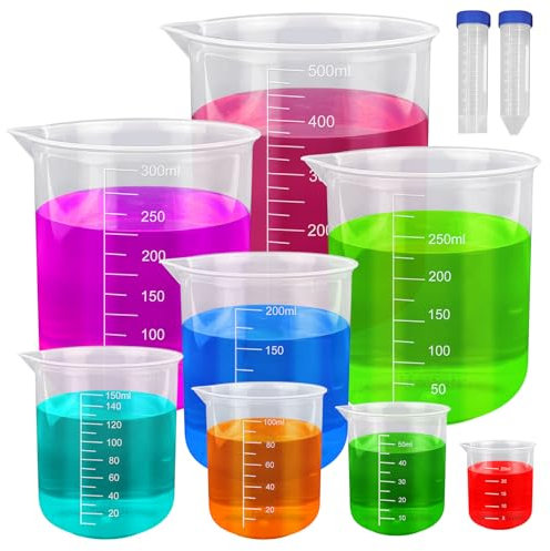 ADNEWX 10 Stk Messbecher Set, Labor Messbecher 25/50/100/150/200/250/300/500ml Kunststoff Meßbecher mit 2 Zentrifugenröhrchen für Tägliche DIY Labormessungen Mischbecher