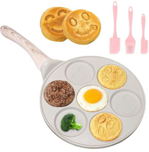 26 cm Pancake Pan Non-Stick Seven Holes Crepe Pan Crepe Maker with Smiley Faces, Pancake Pan Pancake Maker for Gas etc., Fried Egg Pan for Omelettes Pancake Burger (Apricot)