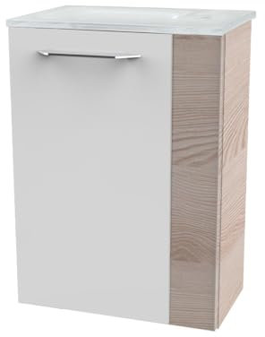FACKELMANN B.CLEVER Gäste-WC Set 2 Teile – Waschtischunterschrank in Weiß mit Holz Braun mit Waschbecken aus Glas in Weiß – SBC Waschbeckenunterschrank schmal – Türanschlag Links – 45 cm breit
