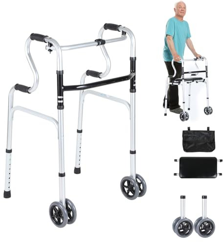 ISOISL Gehhilfe,Gehhilfe für Senioren, Gehbock Klappbarer mit 2 Lenkrollen, Gehhilfe erwachsene Gehgestell höhenverstellbar aus Aluminium, Rutschfest Stabil Gehwagen Bis 180 kg, Silber