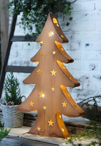 Dekoleidenschaft Dekofigur Tanne aus Metall mit Echtrost und LED Beleuchtung, 80 cm hoch, Winterdeko, Leuchtdeko, Gartendeko für Draußen, Weihnachtsdeko, Rostfigur, Tannenbaum