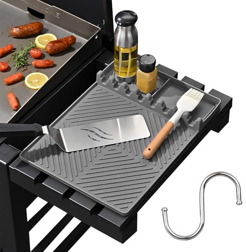 Grill Mat for Barbecue, 16 Silicone Griddle Tools Mat Heat Insulation Shelf Grill Side Mat with S Hook, 3-in-1 Grill BBQ Caddy Mat Silicone Spatula Holder Mat to Protect Grill Side Shelf (Grey)