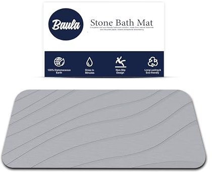 BAULA – Tappeto Bagno Assorbente in Pietra di Diatomite 60×40 cm – Tappeto Doccia Assorbente – Tappeto Diatomite Bagno Antiscivolo – Design Moderno Reversibile (2 Lati) – Stone Bath Mat