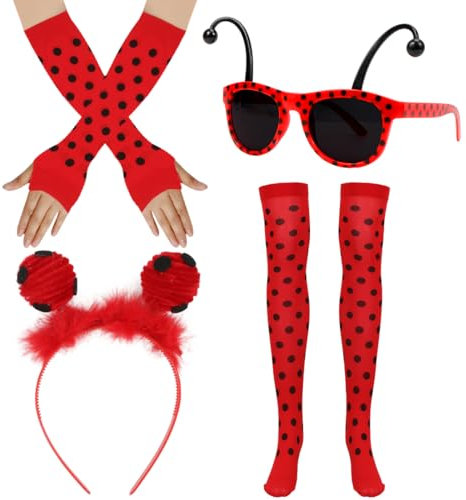 Marienkäfer Kostüm Zubehör Set, Marienkäfer Haarreif, Marienkäfer Handschuhe Fingerlose, Brille, Strümpfe Overknees, 4 Stück Kostüm Accessoires Kinder, für Halloween Karneval Fasching Cosplay