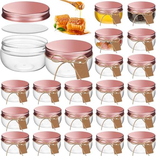 Suclain 30 Pcs 3 oz Mini Wide Mouth Plastic Jars with Lids Small Canning Jars and Tags Yogurt Jars for Jelly, Jams, Honey, Spice, Wedding Favors. Included 1 Roll of Rope and 60 Labels(Rose Gold)