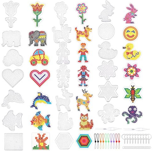 NUUOTP Bügelperlen Platten Set 20 Stück 5mm Bügelperlen Steckplatten Bügelperlen Vorlagen zum Basteln Transparent Bügelperlen Schablonen mit Bunten Karten Zubehör für Kinder DIY Geburtstag Weihna