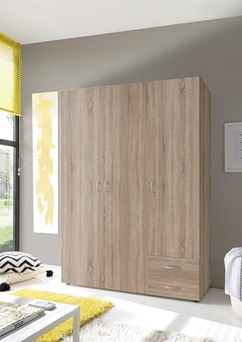 Armadio Guardaroba 3 Ante e 2 Cassetti | Armadio Camera da Letto Moderno 121x177x51 cm (LxHxP) | Ampio Spazio Organizzativo con Barra Appendiabiti | Colore Rovere