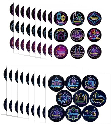 Eid Mubarak Sticker 180Stück,Ramadan Aufkleber 18Designs,Ramadan Kareem Halbmond Schloss Laterne Runde Selbstklebende Siegelaufkleber für Eid Mubarak Muslim Party Süßigkeitstüten Geschenke Verpackung