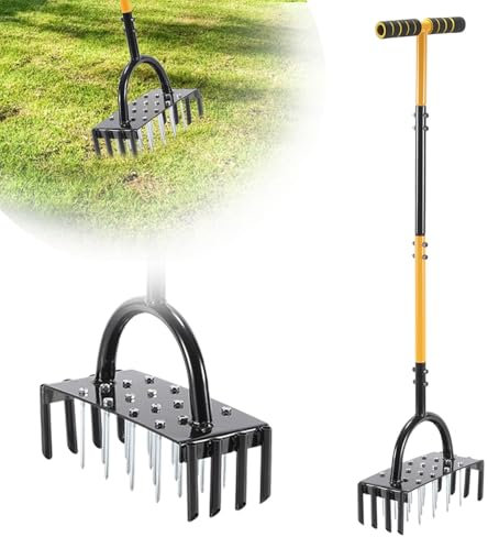 ISOISL Aérateur de pelouse pour sols et pelouses compactés, aérateur de pelouse avec 16 clous en acier, aérateur pour pelouse, poignée en T antidérapante, scarificateur de pelouse avec ramasse-racines