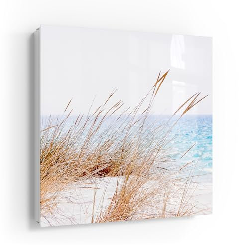 DEQOART Schlüsselkasten weiß | 30x30 cm | Motiv Stille Meeresbrise | Glas & Metall Schlüssel-Box | Schlüsselschrank mit 50 Haken + 2 Magnete | Moderne Design Box magnetisch & beschreibbar