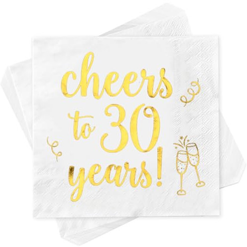 Servietten 30. Geburtstag 40 Stück, Weiß Servietten Cheers to 30 Years, Cocktailservietten, Tischdeko 30 Geburtstag Papierservietten Mann Frau Party Jubiläum, 3-Lagig, Goldfolien-Aufschrift