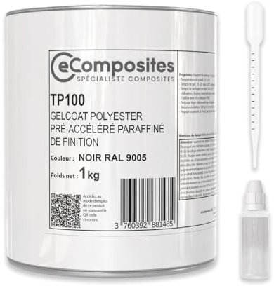 Gelcoat Polyester | 1 kg | Noir RAL 9005 | + Catalyseur PMEC + Pipette de dosage 3 ml, Gel Coat pour Bateau, Topcoat pour Camping car