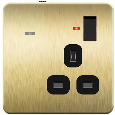 LIDER 1-Gang Switched 13A Socket, LED, Daylight Sensor, Soft White 3000K | Adjustable Low Energy Night Light, Metal Plate Cover, Brushed Brass, Use A 35mm-Deep Back Box
