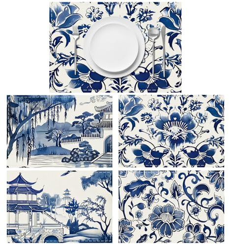 Lvjkes 4 Stück Platzset Blauweißes Porzellan,30 x 45cm Tischsets Abwaschbar | Handgenähte Bedruckte Tischsets, rutschfeste Tischset Platzsets aus Leinen, Geeignet für Küche, Wohnzimmer, Esszimmer, Bar