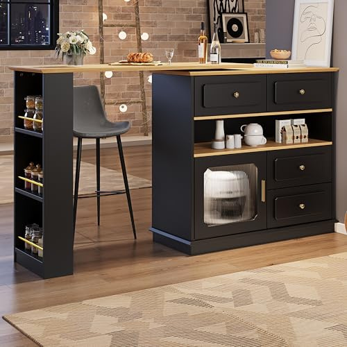 Rvjiahe Ausziehbarer Bartisch mit Stauraum(125-181×39×104.5cm), 360° drehbare Essbar,Moderner Beweglicher Bar Table,Hochtisch Kücheninsel Bistro Table, Sideboardschrank mit Regalen und Glas,Schwarz
