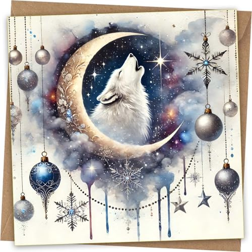 Weihnachtskarte mit Wolf-Motiv, Motiv: Heulender Mond, Weihnachtskugel-Aquarell-Design