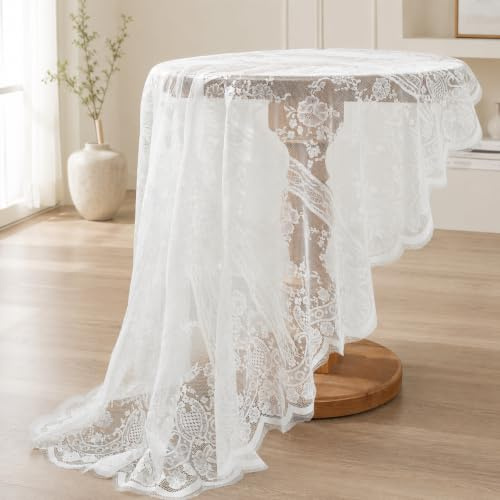 Weiße Spitze Tischdecke, Vintage floral bestickte Tischdecke, Abwaschbar Overlay Tischtuch für Garten Balkon Zuhause Hochzeit Festival Dekoration 150cm/60inch (Rund)