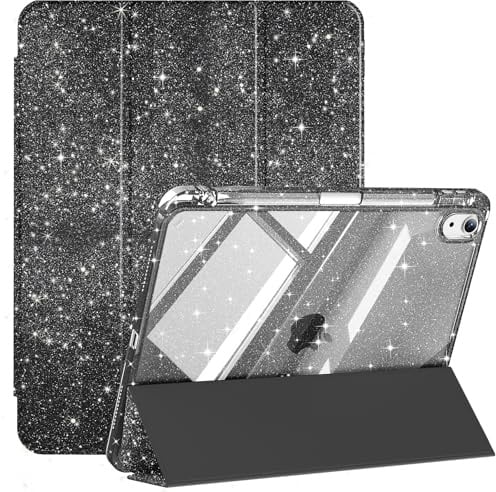 Lsmmpoba Glitzer Hülle für iPad Air 11 Zoll M4/M3/M2 & Air 5./4. Gen 10,9 | Mit Stifthalter, Schlankes stoßfestes, Transparenter Glänzende Hartschale Rückseite, Glitzer Schwarz