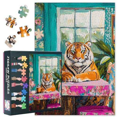 Jigsaw Puzzle 1000 Pieces, Tiger Sitting at a Table Adult Jigsaw Puzzles, Tiger Adults Puzzles 1000 Piece Challenging Puzzle Perfect for Nights Educational Finished Size 50x70 cm