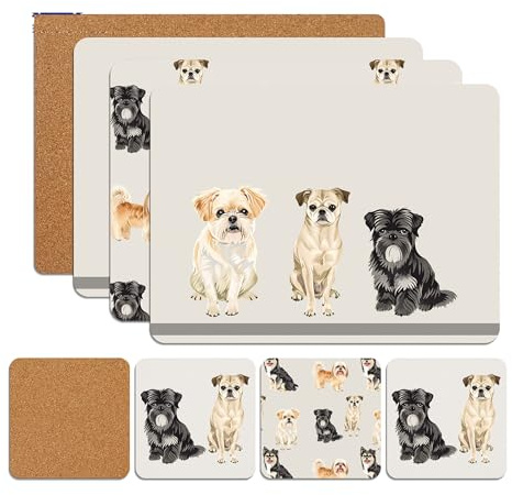 Placemats & Coasters Heat Resistant Dining Mats Set of 8 (Cute Dogs) | Heat Resistant Cork Placemats And Coasters Set Of 8 For Dining Tables, Kitchens And Christmas Decor & Practical (21.5 x 29cm)