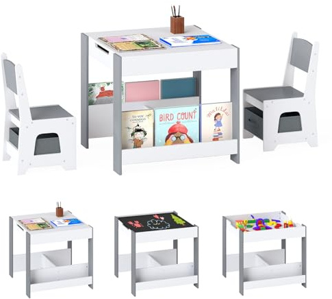 COSTWAY Kindertisch mit 2 Stühlen, 3 teilige Kindersitzgruppe aus Holz mit wendbarer Tischplatte, Bücherregalen & Aufbewahrungsboxen, 4 in 1 Kinder Maltisch mit Stauraum für ab 3 Jahren (Hellgrau)