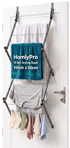 HomlyPro Over Door Clothes Drying Rack, 10 Bar Foldable Hanging Drying Rack, Space Saving Laundry Organizer, Heavy Duty Clothes Airer Indoor & Outdoor Garment Storage Solution (Grey)