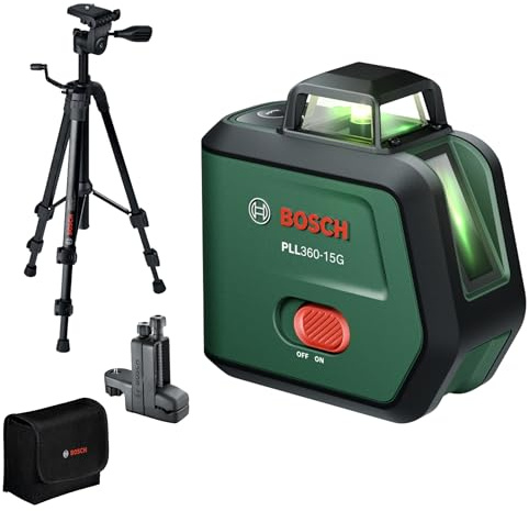 Bosch Livella Laser a Linee PLL360‑15G (linee laser verdi a 360°, IP54, batteria Li‑ion con ricarica USB‑C, incl. TT120 e MM3, custodia e manuale)