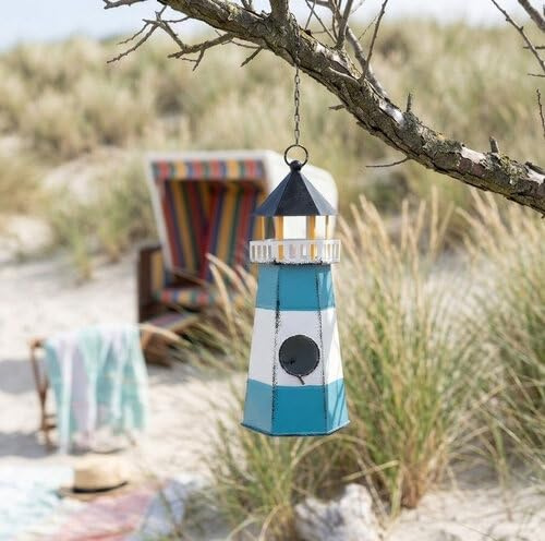 Maritimes Vogelhaus im Leuchtturm-Design, Metall, Blau/Weiß/Schwarz, 34 cm, mit Metallkette zum Aufhängen